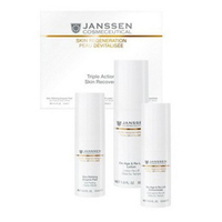 Janssen Opus Belle Anti-Age Triple Action Skin Recovery - Система омоложения кожи тройного действия 3 позиции 30 мл Janssen Opus Belle Anti-Age Triple Action Skin Recovery - Система омоложения кожи тройного действия 3 позиции 30 млНаборы для лица<br>Инновационная система регенерации кожи для женщин 40+. Необыкновенно эффективный домашний вечерний уход, рассчитанный на 28 дней применения, направленный на реструктурирование дермального матрикса, лифтинг и разглаживание морщин, обеспечивающий идеальную гладкость, шелковистость и цвет кожи. «Энзимный пилинг-гель» идеально выравнивает кожу, способствует эффективному отшелушиванию омертвевших клеток верхнего слоя кожи. «Anti-Age лифтинг эмульсия» - мягкая освежающая эмульсия с активным действием, эффективно повышает тонус, восстанавливает воднолипидный баланс эпидермиса, смягчает, видимо улучшает текстуру кожи, восстанавливает цвет кожи. «Anti-Age экстралифтинг концентрат» - активное омолаживающее и лифтинг средство.<br>