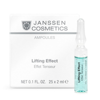Janssen Skin Excel Glass Ampoules Lifting Effect (instant anti-wrinkle) - Лифтинг-эффект 25*2 мл Janssen Skin Excel Glass Ampoules Lifting Effect (instant anti-wrinkle) - Лифтинг-эффект 25*2 млКонцентраты для лица<br>Концентрат для немедленного подтягивающего эффекта. Увлажняет и освежает кожу, повышает эластичность, разглаживает мелкие морщинки, придает коже здоровый вид. Идеален под макияж.<br>Применение: Оберните ампулу бумажной салфеткой и резким движением отломите ее кончик. Вылейте содержимое ампулы на ладонь и затем распределите его по коже слегка надавливающими движениями. Поверх нанесите соответствующий дневной или ночной крем. Только для наружного применения!В салоне применять согласно регламенту процедуры.<br>Активные компоненты: Экстракт водорослей, пуллулан (полисахарид), гиалуроновая кислота с длинной цепью.<br>Объем: 25*2 мл<br>