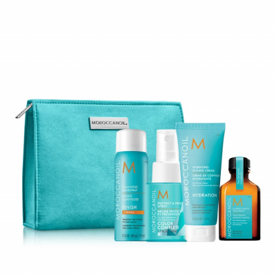 Moroccanoil Travel Set - Набор дорожный 2020 стайлинг (восстанавливающее масло 25 мл, спрей 50 мл, крем для укладки 75 мл, лак для волос 75 мл)