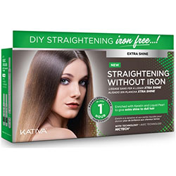 Kativa Straightening Without Iron - Набор для выпрямления волос «экстра-блеск» для тусклых волос с жемчугом и кератином (маска 150 мл + шампунь 30 мл + кондиционер 30 мл)