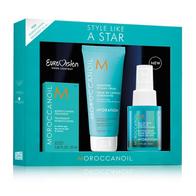 Moroccanoil Style Like A Star Lic Option - Hабор "звездная укладка" (несмываемый кондиционер 50 мл; крем увлажняющий 75 мл; восстанавливающее масло 25 мл)