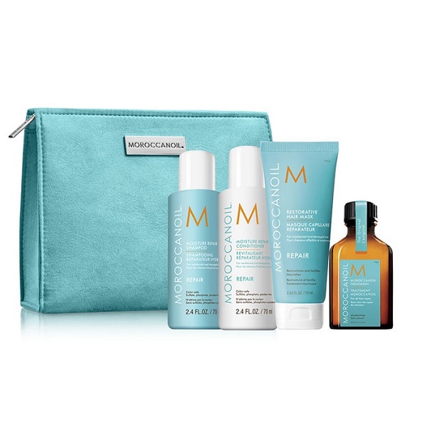 Moroccanoil Travel Repair Set - Дорожный набор в косметичке восстановление (шампунь 70 мл, кондиционер 70 мл, восстанавливающее средство 25 мл, крем для укладки 75 мл)