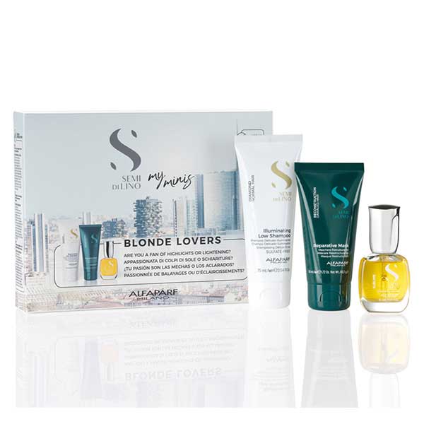 Alfaparf My Minis Blonde lovers - Набор для волос (шампунь для нормальных волос 75 мл, маска для поврежденных волос 50 мл, масло против секущихся концов,придающее блеск 15 мл)