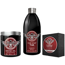 Kondor Set N 1 - Набор профессиональной косметики для мужчин "деготь" (шампунь 300 мл + гель для бритья 250 мл + мыло 130 г)