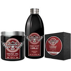Kondor Set N 1 - Набор профессиональной косметики для мужчин "чили" (шампунь 300 мл + гель для бритья 250 мл + мыло 130 г)