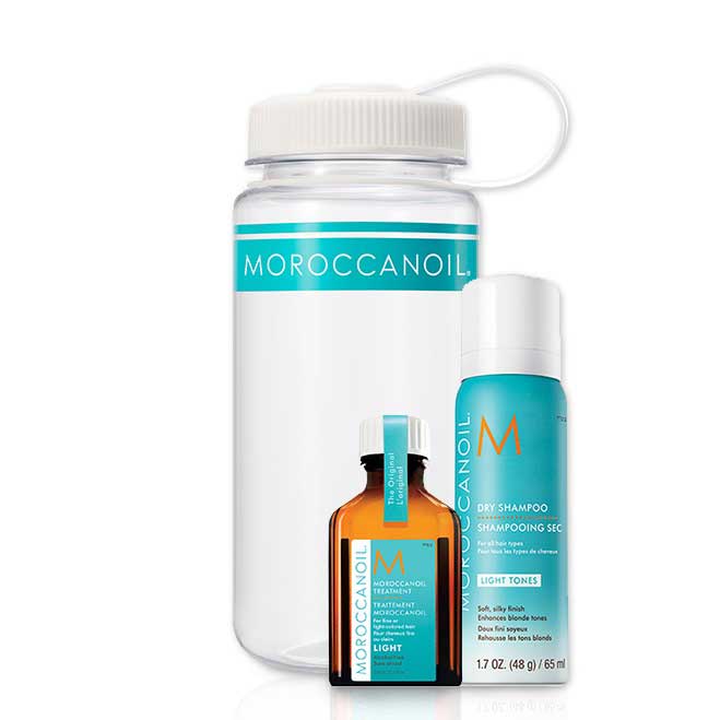 Moroccanoil Set - Фитнес-набор для светлых волос (легкое восстанавливающее средство 25 мл, сухой шампунь для светлых волос 65 мл)