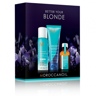Moroccanoil Better Your Blonde Mini - Набор для светлых волос (сухой шампунь для светлых волос 65 мл, тонирующий шампунь с фиолетовым пигментом 70 мл, восстанавливающее масло 25 мл)