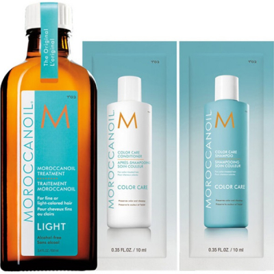 Moroccanoil Light Treatment For Fine And Light Colored Hair + Color Care - Набор (восстанавливающее масло для тонких и светлых волос 100 мл + шампунь 10 мл и кондиционер 10 мл для окрашенных волос)